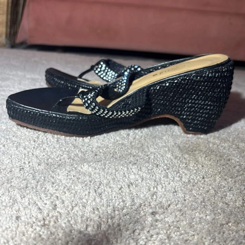 Paloma Barcelo wicker thong wedge sandals black rhinestone designer sandal 8